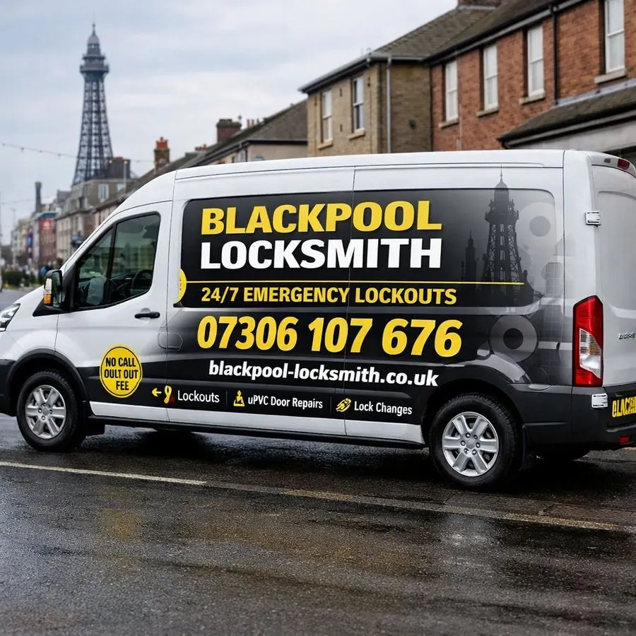 Blackpool Locksmiths branded van with Blackpool Tower in the background